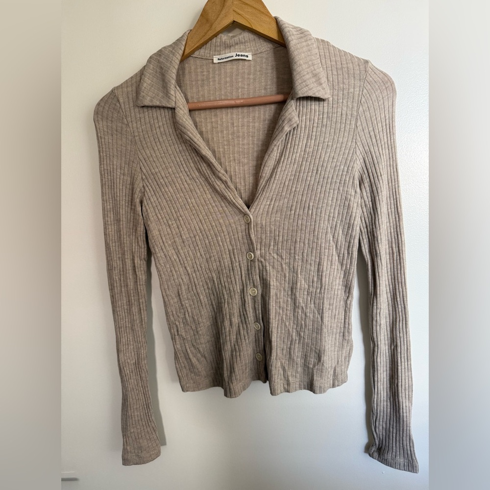 Reformation Ribbed Button-Up Cardigan - Tan